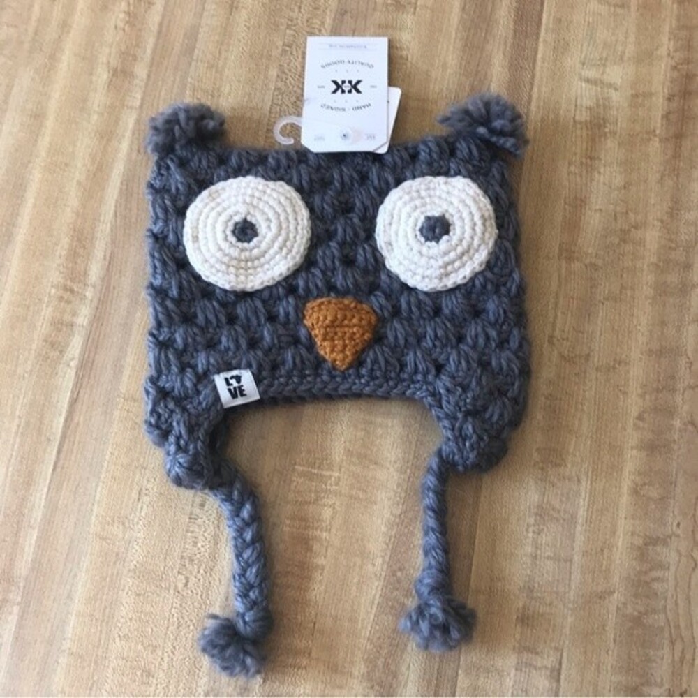 KROCHET KIDS Owl Beanie Kid's Handmade Crochet Hat Child's Gray Eco-friendly NWT
